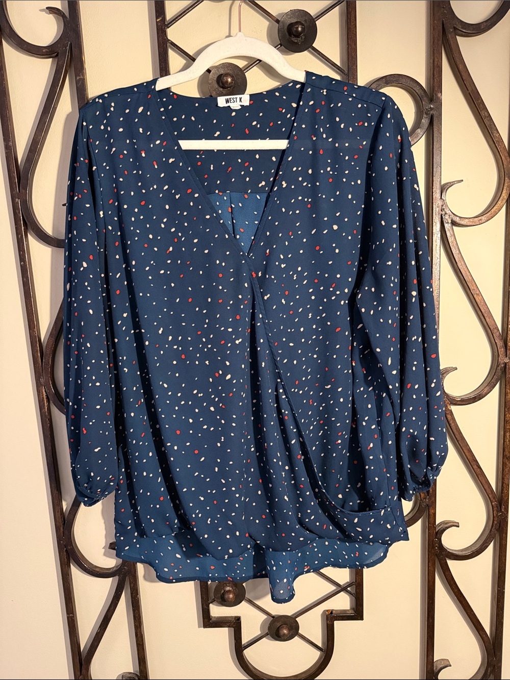 West K Navy V-Neck Spot Print Blouse